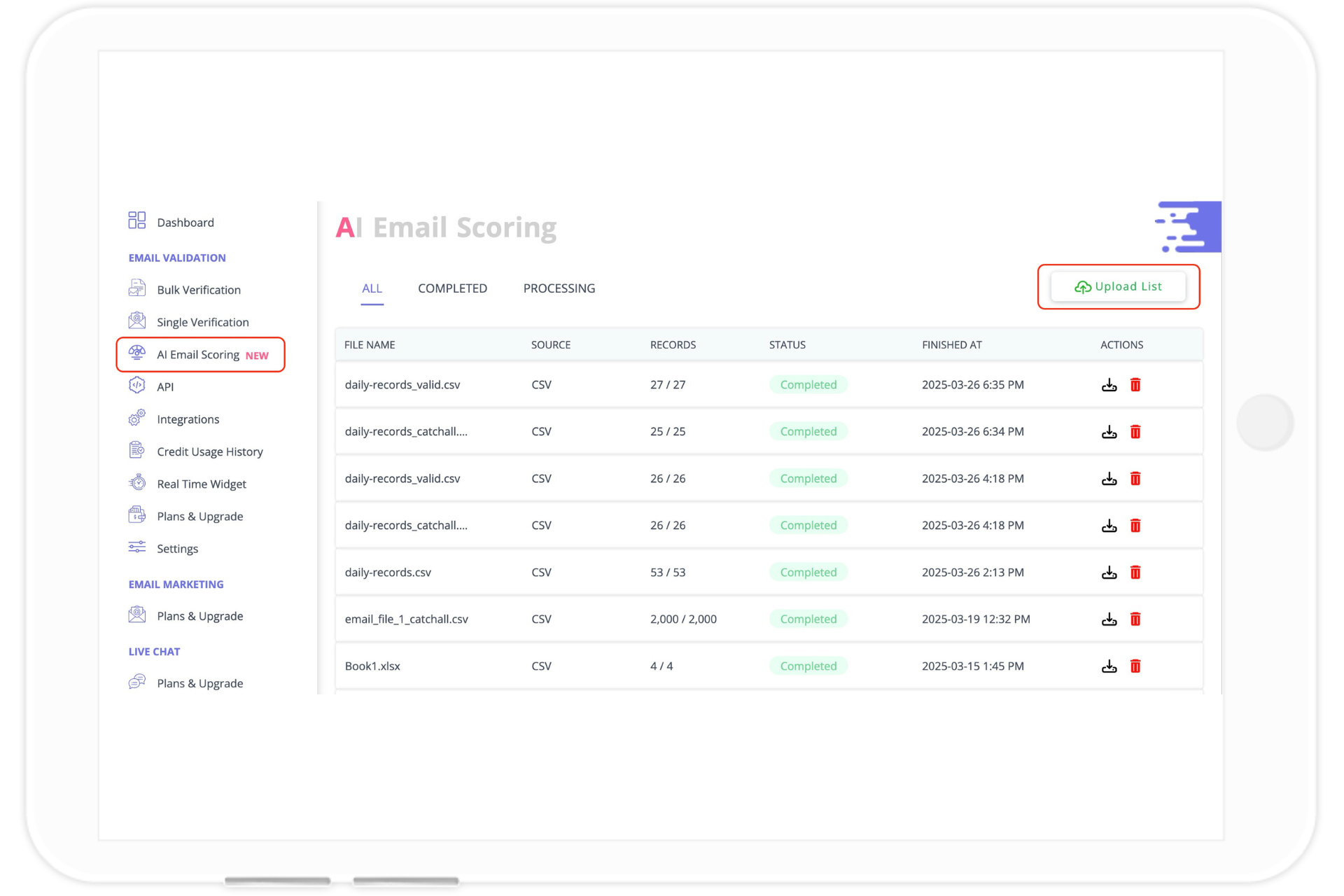 AI email scoring bulk verification option